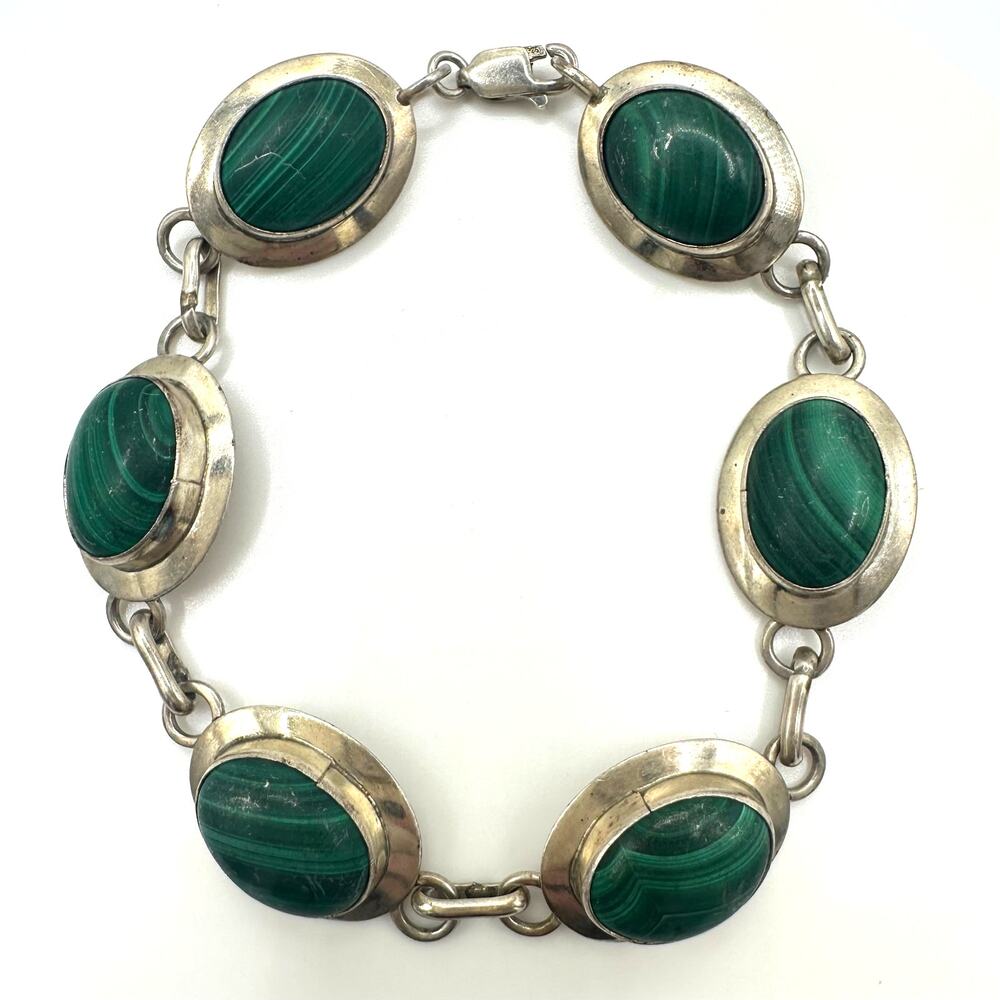 Vintage 925 sterling silver 6 genuine green malachite cabochons bracelet 8"